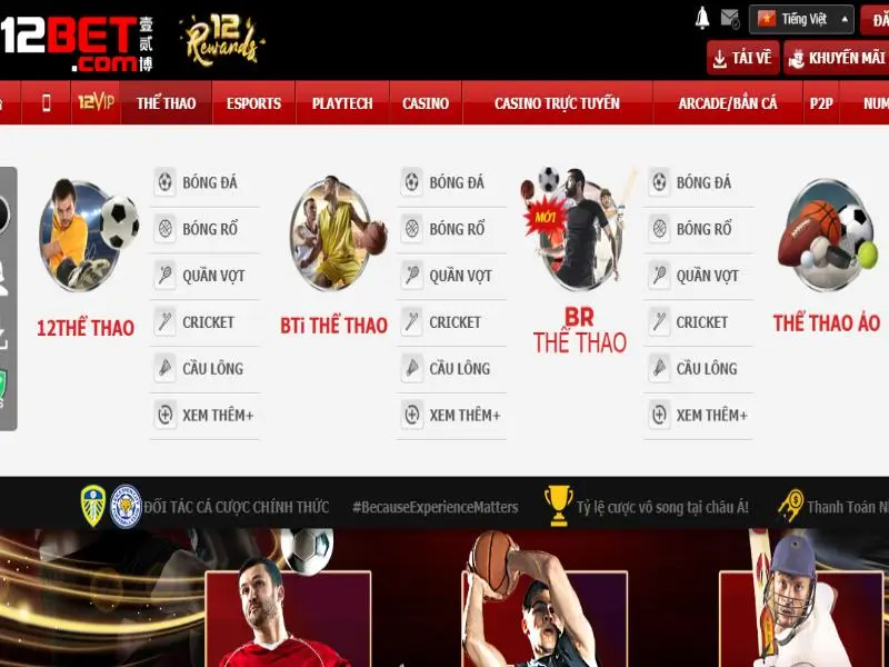 Sảnh thể thao 12bet cung cấp đa dạng các loại hình cá cược thể thao